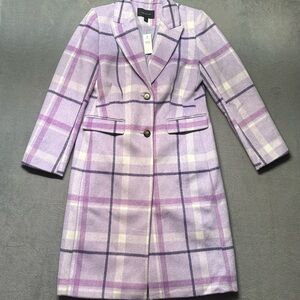 NWT Ann Taylor Womens S Long Coat Purple Plaid Heavy Wool Blend Button Front